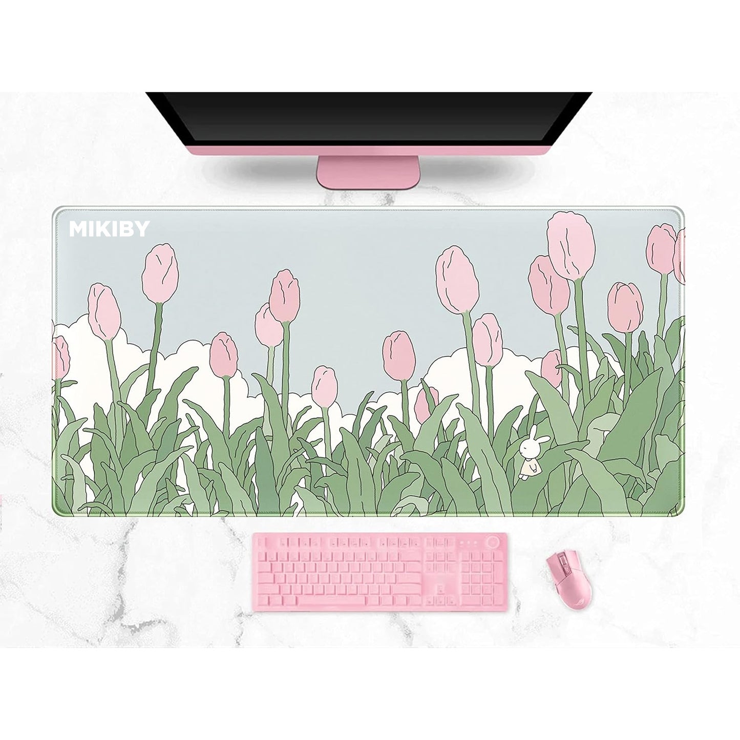 MIKIBY WatercolorTulip Flower Mouse Pads,Extended Gaming Mousepad XXL Kawaii Anime Pink Green Large Full Desk for Wireless Mouse Keyboard Mat with Stitched Edges