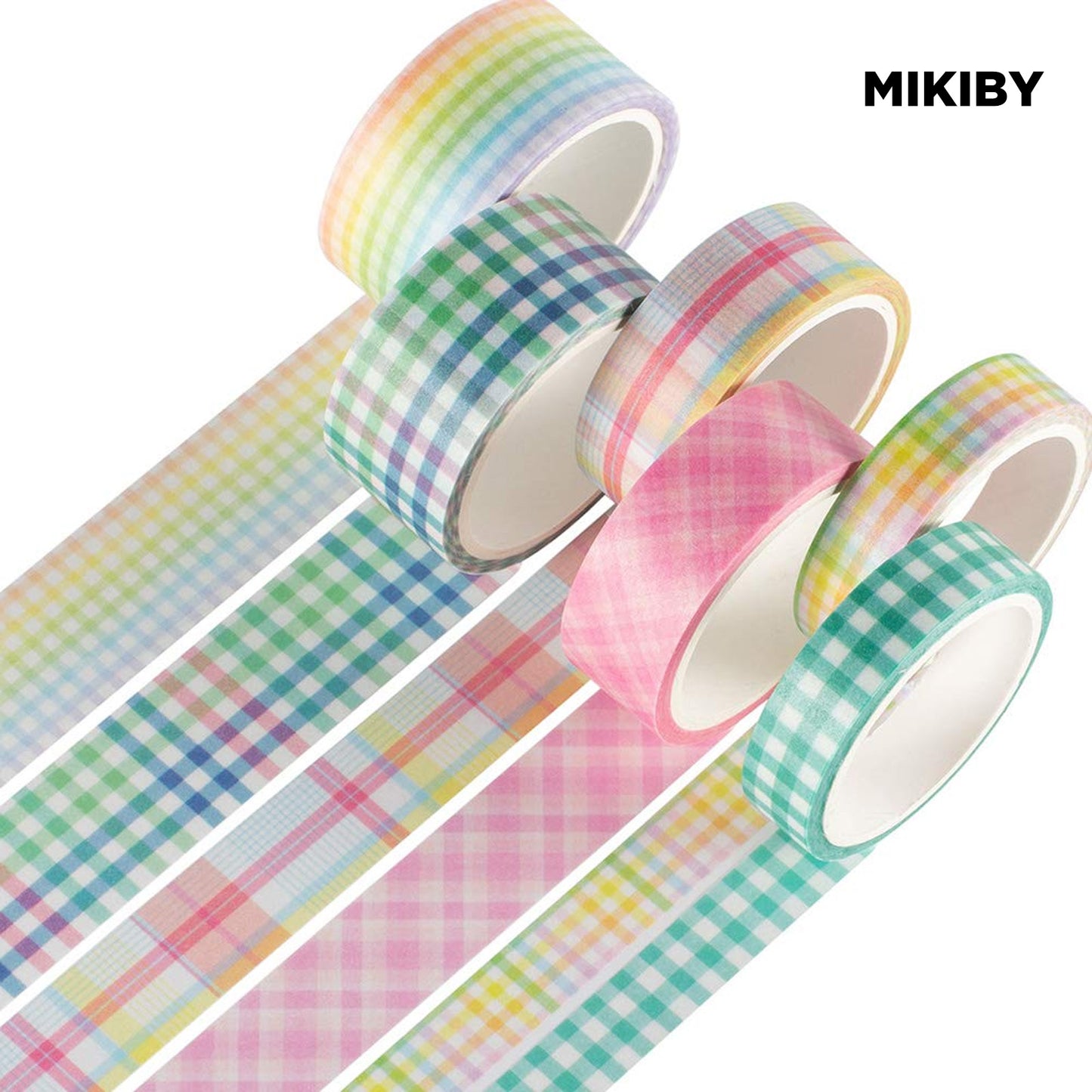 MIKIBY A-3125 6 Rolls Plaid Washi Tape Set Basic Grid Masking Decorative Tapes for Arts