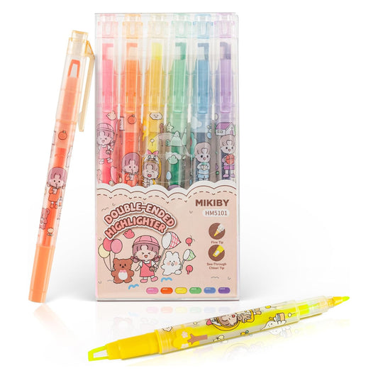 MIKIBY M-965 Dual Tip Highlight, See-Through Chisel Tip, and Fine Tip, Cute Marker Pen, Assorted Colors, 6 Count.