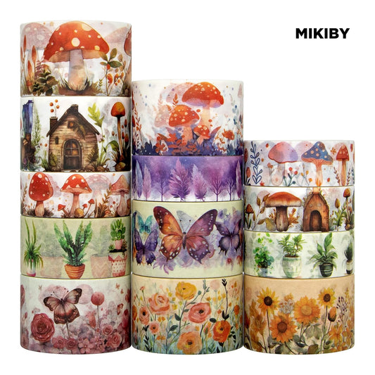 MIKIBY A-9533 13 Rolls Washi Mushroom Butterfly Floral Decorative Tape Set