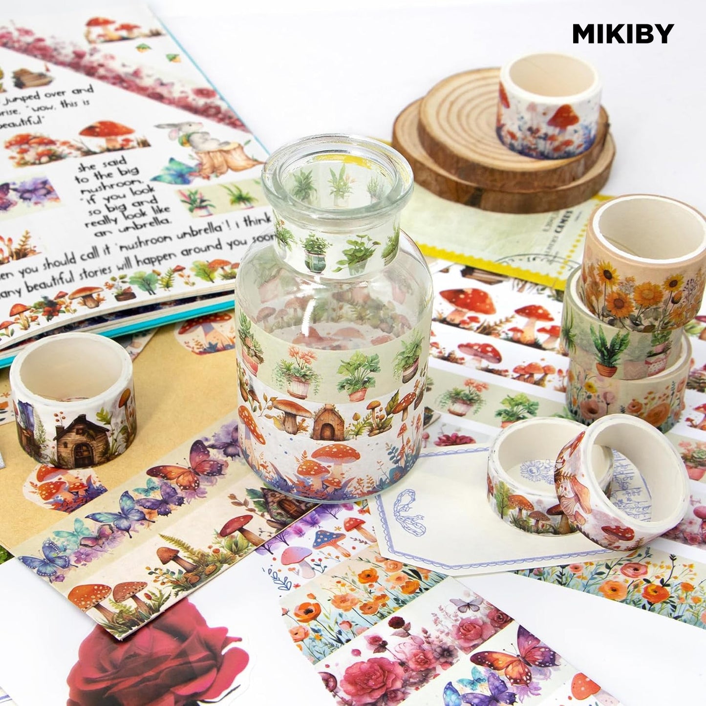 MIKIBY A-9533 13 Rolls Washi Mushroom Butterfly Floral Decorative Tape Set