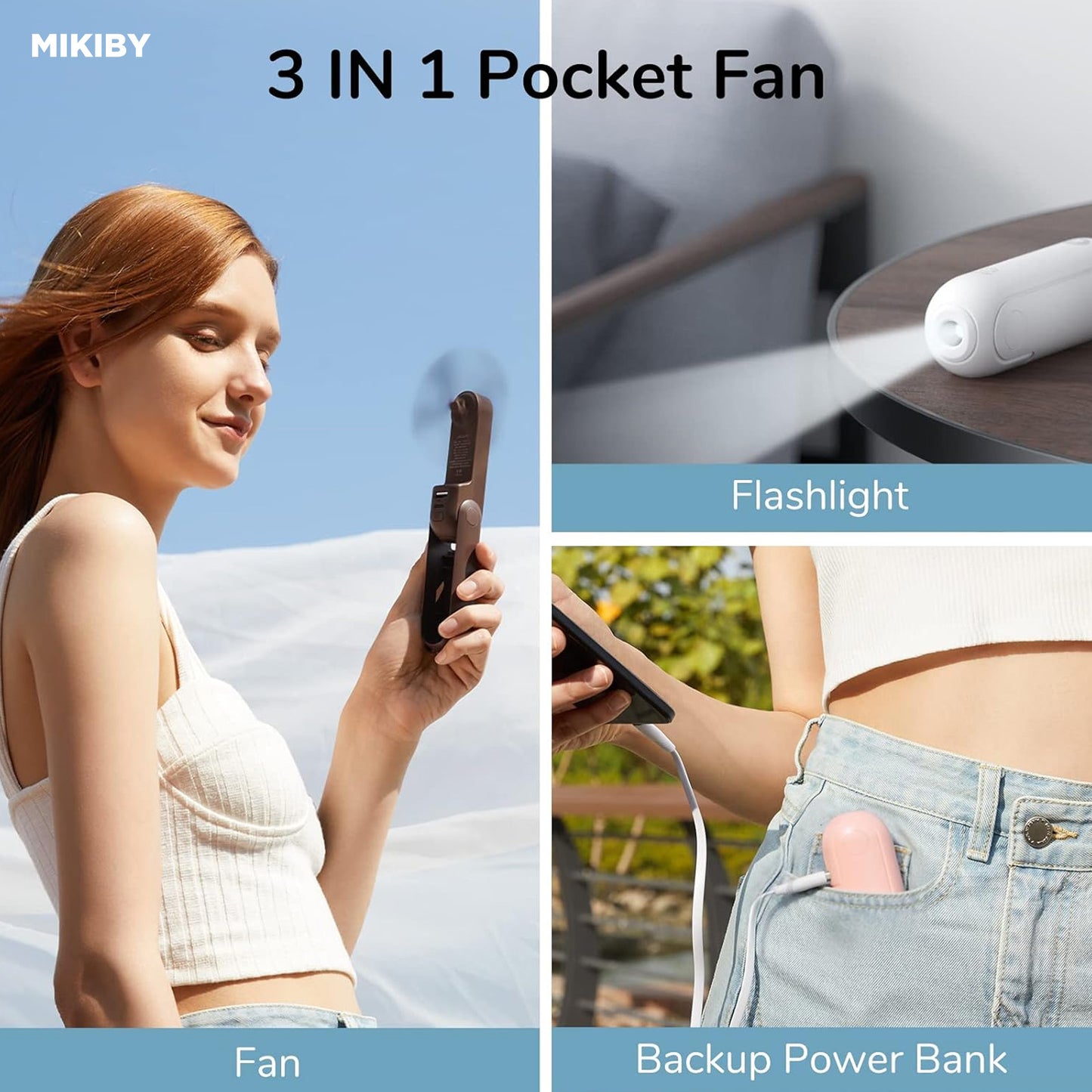 MIKIBY F8 3 IN 1 Portable USB Rechargeable Small Pocket Handheld Mini Fan