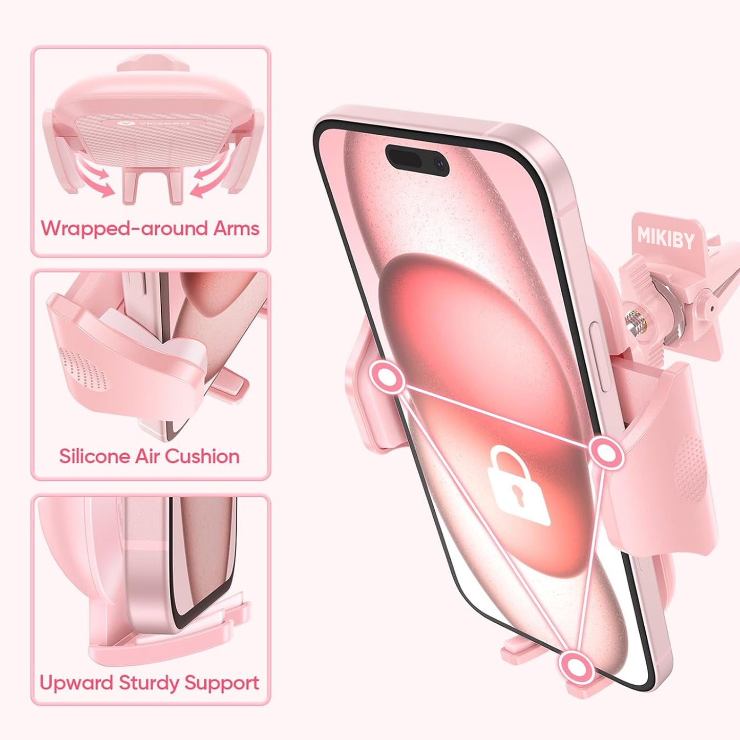 MIKIBY S75 Pink Phone Holder Sturdy & Secure Air Vent Phone Mount for Car Hands Free Easy Clamp Cradle in Vehicle for Your Phone