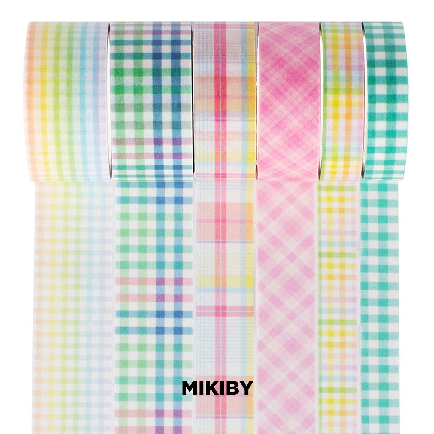 MIKIBY A-3125 6 Rolls Plaid Washi Tape Set Basic Grid Masking Decorative Tapes for Arts