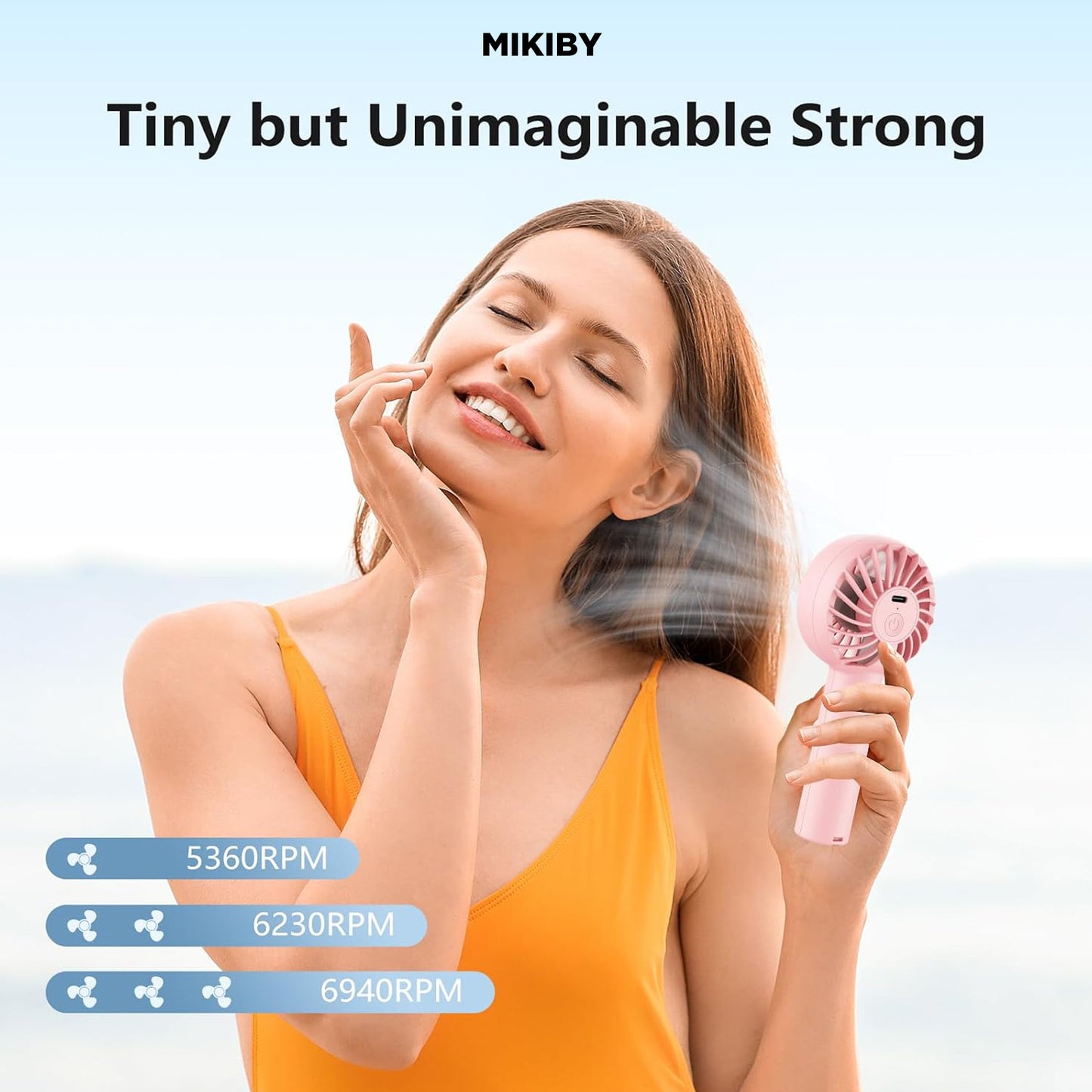 MIKIBY F5 Mini Battery Operated Personal Handheld Portable 3 Speed Adjustable USB Rechargeable Fan