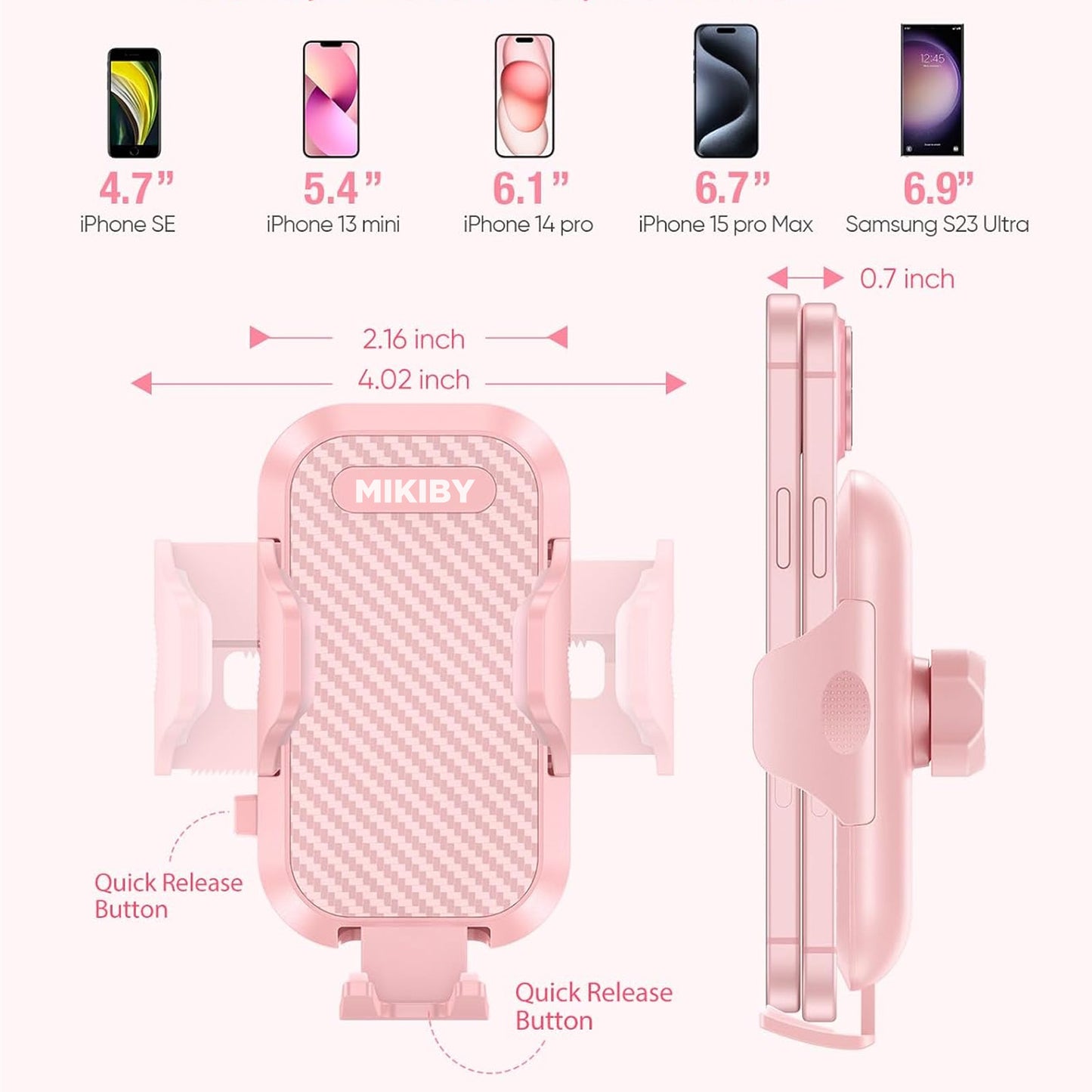 MIKIBY S75 Pink Phone Holder Sturdy & Secure Air Vent Phone Mount for Car Hands Free Easy Clamp Cradle in Vehicle for Your Phone