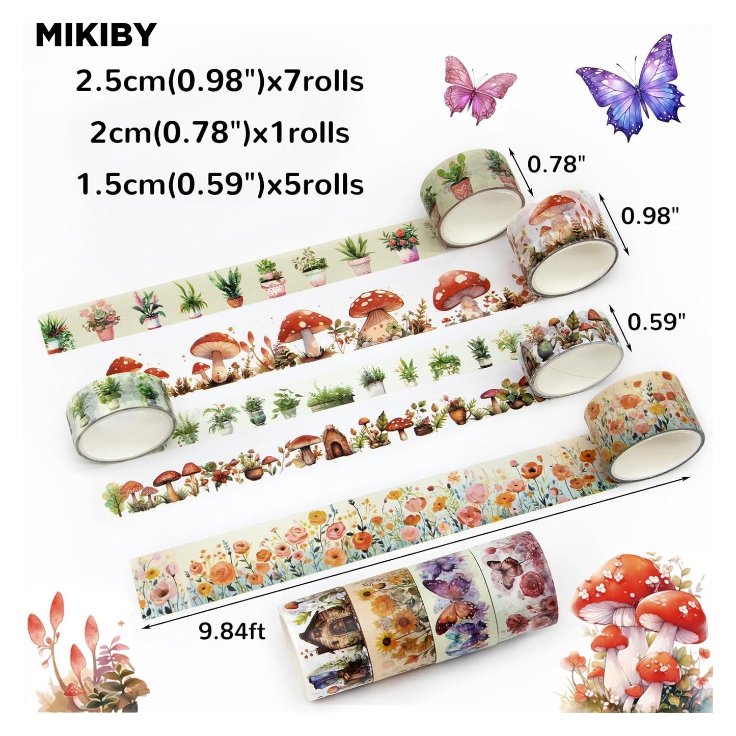 MIKIBY A-9533 13 Rolls Washi Mushroom Butterfly Floral Decorative Tape Set