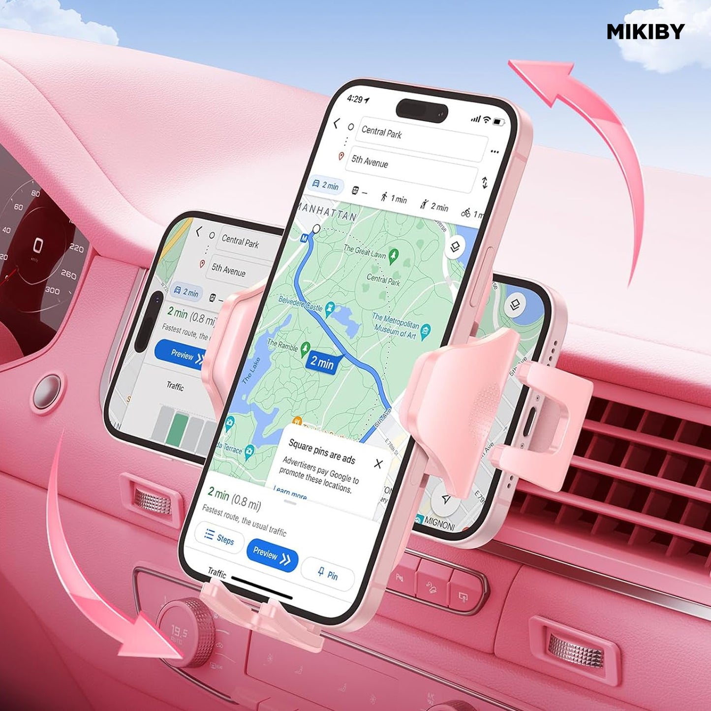 MIKIBY S75 Pink Phone Holder Sturdy & Secure Air Vent Phone Mount for Car Hands Free Easy Clamp Cradle in Vehicle for Your Phone