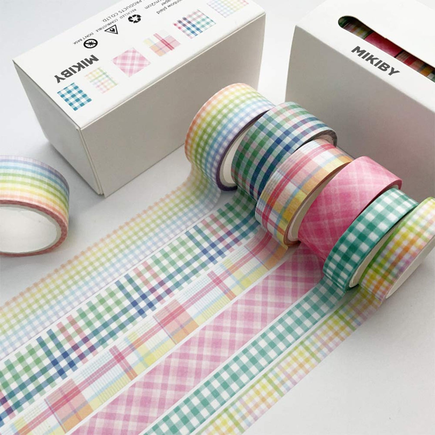 MIKIBY A-3125 6 Rolls Plaid Washi Tape Set Basic Grid Masking Decorative Tapes for Arts